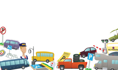 Parking and public transport icons creating a frame border around white copy space