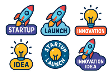 A business startup idea launch and innovation graphics depicting the concept of new businesses with rockets and lightbulbs