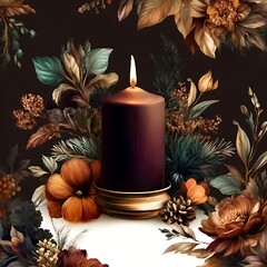 Warm Christmas Candle with Elegant Fir Branches and Winter Florals