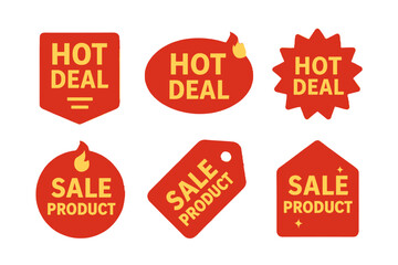A collection of red and yellow sale product and hot deal badges to promote marketing and retail sales for special offers.