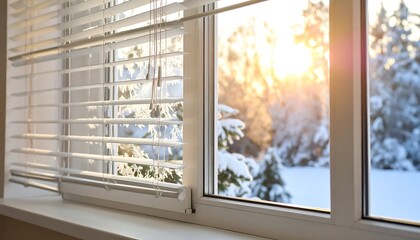 Naklejka premium Winter scene through a window with blinds