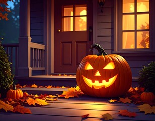 Obraz premium Glowing Halloween pumpkin on porch at night.