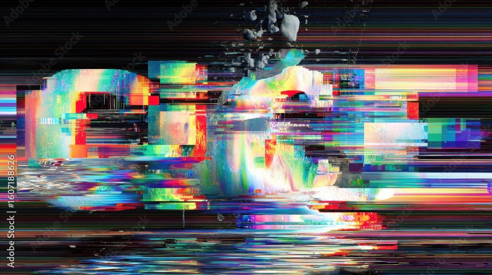 Poster glitching holographic advertisement with colorful error text effects