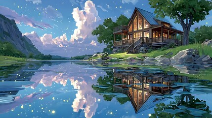 Serene Waterside Cabin in Nature with Starry Sky and Reflective Water Landscape