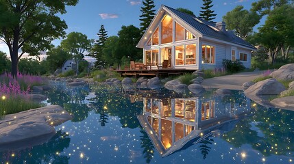 Tranquil Lakeside Cottage with Reflection Under Starry Night Sky at Sunset