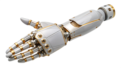 A robotic hand with an advanced design, featuring a white and gold color scheme isolated on white and transparent background