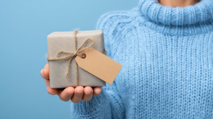 Person holds small gift box wrapped in light gray paper with twine bow and blank tag, wearing cozy blue sweater against soft blue background, evoking feelings of warmth and generosity