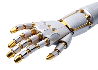 A robotic hand with an advanced design, featuring a white and gold color scheme isolated on white and transparent background