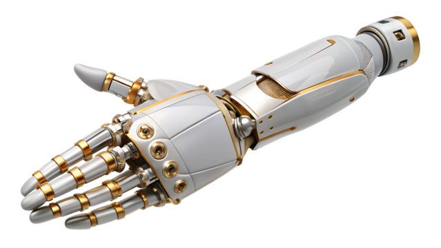 A robotic hand with an advanced design, featuring a white and gold color scheme isolated on white and transparent background