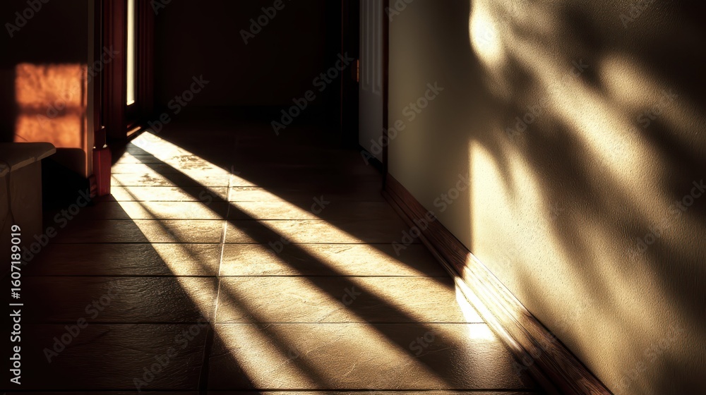 Poster intense sunlight casting sharp shadows on floor surface