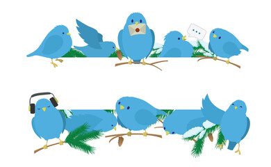 Cartoon blue birds are performing various actions on a tree branch, creating a playful and engaging scene