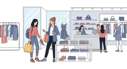 Fashionable shoppers explore a modern clothing boutique selecting trendy outfits and accessories with attentive staff providing assistance in a well-organized retail environment
