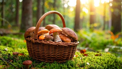 Basket of mushrooms in a forest setting