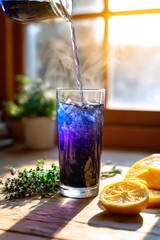 A glass filled with purple drink and ice, garnished with lemon slices. Fresh herbs are placed nearby. Sunlight streams through a window, creating a warm atmosphere.