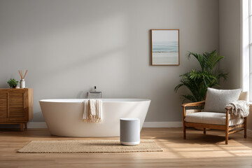 Fototapeta premium create inviting wellness tech space that features modern bathtub surrounded by innovative gadgets