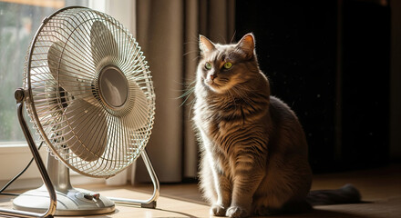 Tabby Cat Sitting by Fan on a Sunny Day
