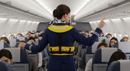 Flight Attendant Demonstrating Safety Instructions on Airplane