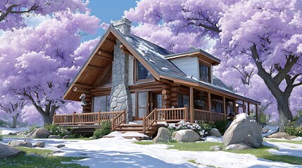 Cozy log cabin surrounded by vibrant cherry blossom trees in a serene spring landscape