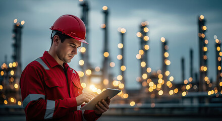 Industrial Engineer Using Tablet at Nuclear Plant at Dusk