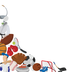 Various sporting goods creating a dynamic border on a white background