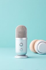 minimalistic workspace with podcast microphone headphones and laptop on plain desk