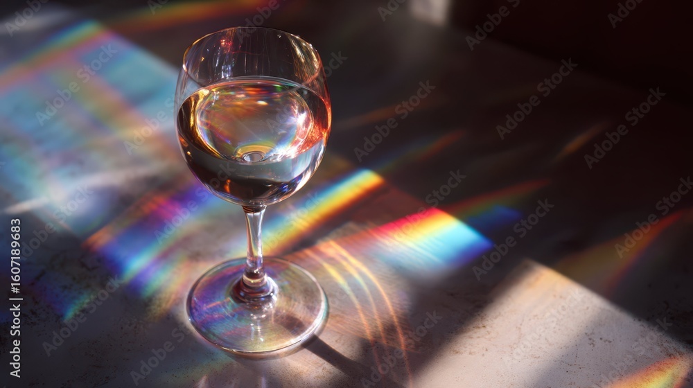 Poster light refraction through wine glass creating colorful patterns