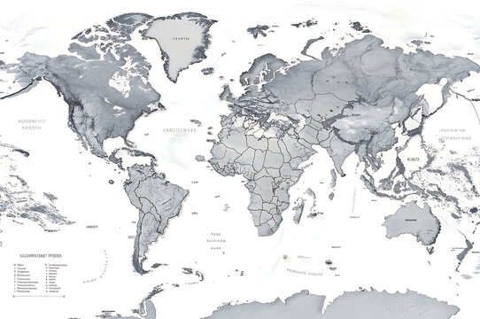 Of a detailed world map showing all countries and continents in grayscale