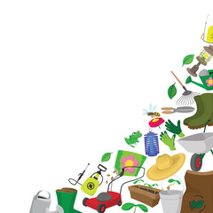 Obraz premium Gardening tools, insect repellent, and seedlings form a border with copy space, celebrating the joys of gardening