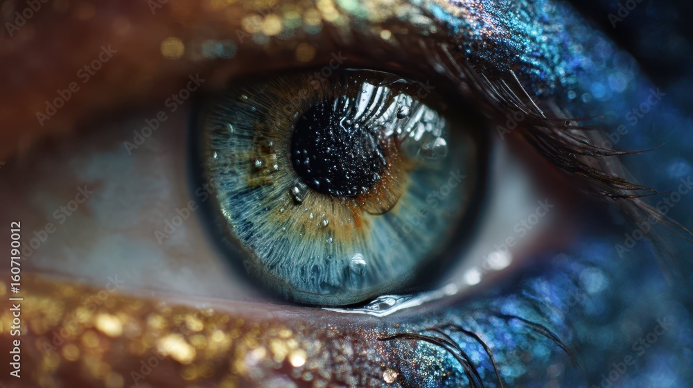 Poster close-up macro of a single tear drop on an eye with glitter