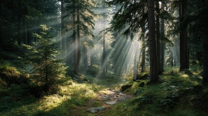 Obraz premium Enchanting Light Beams in a Serene Forest Landscape
