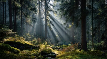 Obraz premium Enchanted Forest with Magical Beams of Sacred Light Shining Down