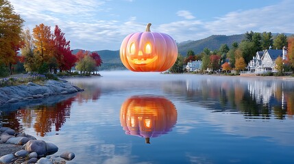 Floating Jack-O'-Lantern above Calm Lake with Beautiful Autumn Foliage Reflections