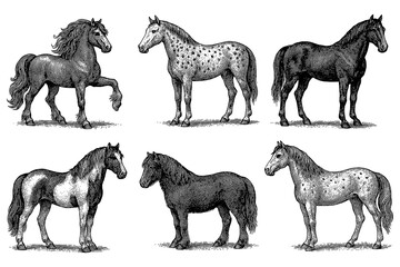 Horse breeds and poses in vintage engraving style, Transparent Background