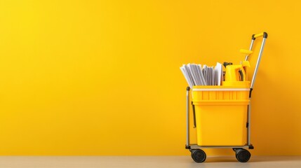 Bright Yellow Cleaning Trolley with Supplies and Papers on a Vibrant Yellow Background for Cleaning Services Promotion