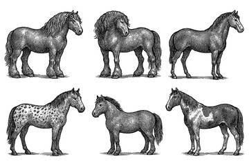 Horse breeds and poses in vintage engraving style, Transparent Background
