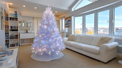 Bright White Christmas Tree in Cozy Living Room with Large Windows and Modern Decor