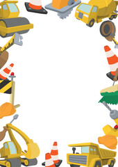 Obraz premium Cartoon construction machines, tools and signs forming a frame with white copy space in the center