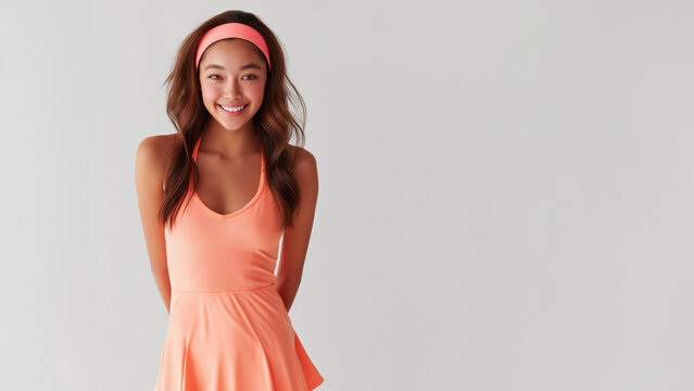 Junge Frau in korallfarbenen Sportoutfit posiert selbstbewusst