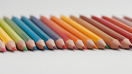 Obraz premium Colorful arrangement of sharpened colored pencils on a white surface showcasing a spectrum from green to red Generative AI
