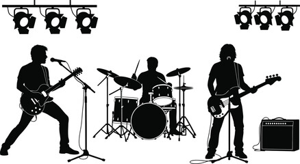 Rock band silhouette performing live under stage lights, musicians playing guitars and drums, perfect for music event or band promotion concepts