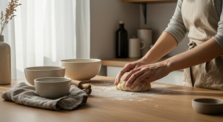 Woman kneading dough in a kitchen