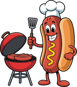 Naklejki Funny cartoon hot dog chef character grilling sausages on BBQ with spatula, smiling mascot illustration, cad drawing, flat vector illustration food