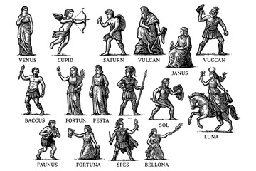 Roman gods and goddesses in antique engraving style, Transparent Background