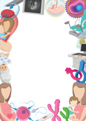 Cartoon style pregnancy and motherhood background illustrating medical examination, fertilization, ultrasound, newborn baby and family love
