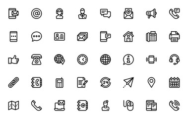 Contact us icon set. Minimal vector icons pack. Includes smartphone, email, chat, telephone, customer service, map, calendar, worldwide and more. Editable stroke design.