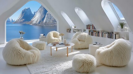 Cozy and Modern Living Room with Scenic View of Mountains and Water