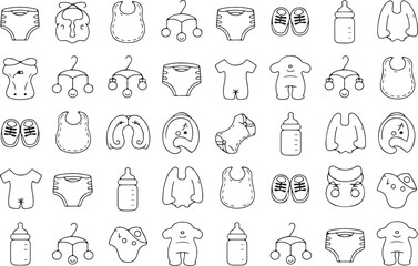 Baby clothing and accessories sketch black and white