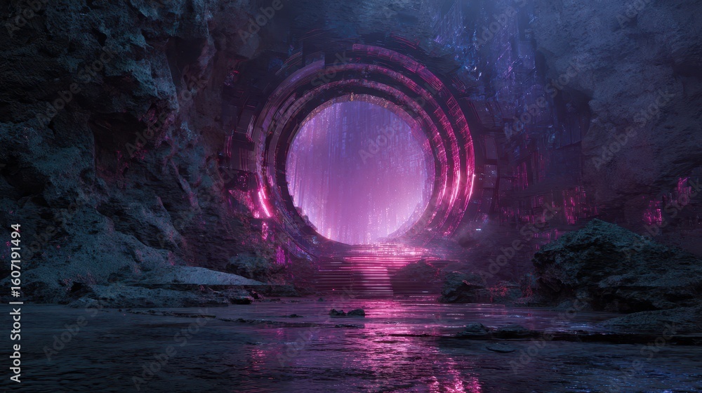 Poster mysterious portal with glitching effect in dark cave environment