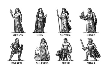 Norse gods and goddesses in detailed vintage engraving style, Transparent Background