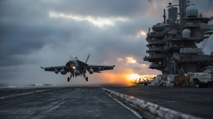 Jet Launching from Aircraft Carrier Deck during Dawn on Navy Mission